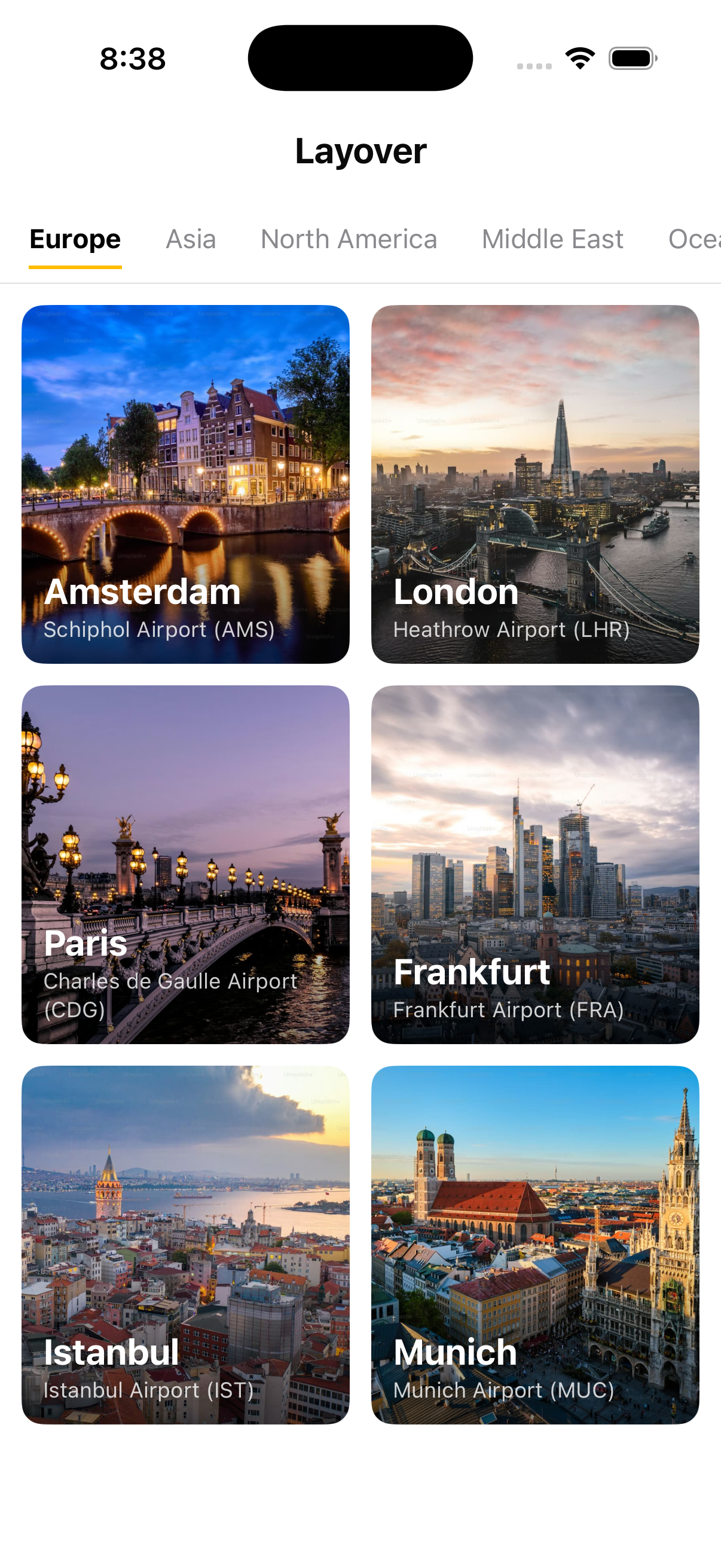 Layover app home screen